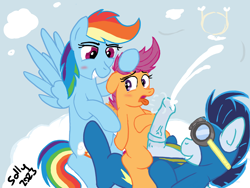 Size: 1600x1200 | Tagged: explicit, artist:gollygosh, rainbow dash, scootaloo, alternate version, blushing, breath, clothes, cloud, cum, cumming, dubious consent, female, female on top, flared, foalcon, g4, goggles, group sex, hoof on head, horsecock, imported from derpibooru, looking back, male, my little pony: friendship is magic, open mouth, pegasus, penis, pony, sex, ship:soarindash, ship:soarinloo, ship:soarinloodash, shipping, smiling, soarin', stallion, straight, threesome, trio, uniform, wonderbolts, wonderbolts academy, wonderbolts uniform