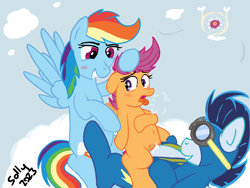 Size: 1600x1200 | Tagged: explicit, artist:gollygosh, rainbow dash, scootaloo, an egg being attacked by sperm, blushing, breath, clothes, cloud, creampie, cum, cumming, dubious consent, egg cell, female, female on top, flared, foalcon, g4, goggles, group sex, hoof on head, horsecock, imported from derpibooru, impregnation, looking back, male, my little pony: friendship is magic, open mouth, pegasus, penetration, penis, pony, sex, ship:soarindash, ship:soarinloo, ship:soarinloodash, shipping, smiling, soarin', spermatozoon, straight, threesome, trio, uniform, vaginal, vaginal secretions, wonderbolts, wonderbolts academy, wonderbolts uniform