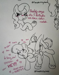 Size: 1628x2048 | Tagged: explicit, artist:feralkittyclawz, diamond tiara, age difference, ambiguous penetration, bipedal, bits, blushing, clothes, dialogue, drool, earth pony, faceless male, female, filly, floating heart, foal, foalcon, g4, grumpy, heart, imported from derpibooru, legwear, lidded eyes, lifting, male, messy mane, obscured penetration, offscreen character, open mouth, pain, partial color, penetration, pinpoint eyes, pony, prostitution, sex, signature, socks, stallion, stallion on filly, straight, tail, teary eyes, thigh highs, tongue out, traditional art, unshorn fetlocks, vulgar, wheelbarrow position