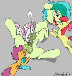 Size: 944x990 | Tagged: explicit, artist:strebiskunk, apple bloom, scootaloo, sweetie belle, analingus, analingus on male, anus, balls, blank flank, blowjob, butt, cum, cumming, cutie mark crusaders, earth pony, erection, eyes closed, female, female on male, female on male analingus, fetish, filly, foal, foalcon, foursome, g4, gray background, group sex, imported from derpibooru, kiss mark, kissing, larger male, licking, lipstick, lipstick fetish, lipstick on anus, lipstick on balls, lying down, male, nudity, on back, oral, orgasm, pegasus, penis, plot, pony, pony on pony action, rope, sandbar, sandbelle, sandbloom, sex, ship:sandloo, shipping, signature, simple background, smaller female, straight, tongue out, tongue to tongue, unicorn