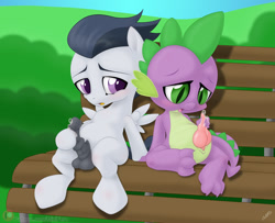 Size: 1200x975 | Tagged: explicit, artist:miniferu, spike, bench, cum, dragon, dragon dick, duo, exhibitionism, foal, foalcon, g4, horsecock, imported from derpibooru, knot, male, masturbation, mutual masturbation, nudity, pegasus, penis, pony, public, public masturbation, rumble