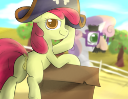 Size: 3360x2593 | Tagged: explicit, artist:hopefulsparks, apple bloom, sweetie belle, anatomically correct, anus, blank flank, box, butt, cardboard box, casual exposure, casual nudity, detailed background, dock, earth pony, female, filly, foal, foalcon, g4, groucho mask, hard to say anything, hat, high res, imported from derpibooru, looking at you, my little pony: friendship is magic, nudity, pirate hat, plot, pony, raised leg, shimmering spectacles, soft shading, sweet apple acres, tail, tail aside, vulva