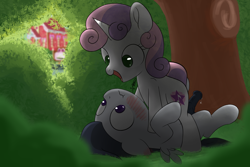 Size: 1800x1200 | Tagged: explicit, artist:dtcx97, artist:hopefulsparks, sweetie belle, alternate cutie mark, blushing, colt, detailed background, duo, female, filly, foal, foalcon, foliage, g4, hidden, imminent sex, imported from derpibooru, male, nudity, outdoors, pegasus, penis, pony, precum, raised tail, rumble, semi-erect, ship:rumbelle, shipping, straight, tail, unicorn, young