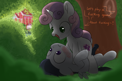 Size: 1800x1200 | Tagged: explicit, artist:dtcx97, artist:hopefulsparks, sweetie belle, alternate cutie mark, blushing, colt, detailed background, dialogue, duo, female, filly, foal, foalcon, foliage, g4, hidden, imminent sex, imported from derpibooru, male, nudity, outdoors, pegasus, penis, pony, precum, raised tail, rumble, semi-erect, ship:rumbelle, shipping, straight, tail, text, unicorn, vulgar, young