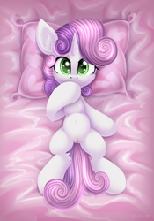Size: 3500x5000 | Tagged: explicit, artist:atlas-66, sweetie belle, alternate version, bed, butt, cute, cute porn, diasweetes, female, filly, foal, foalcon, g4, human vulva on pony, imported from derpibooru, nudity, pink background, plot, pony, simple background, solo, solo female, unicorn, vulva