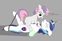 Size: 2681x1763 | Tagged: explicit, artist:filly fantastique, shining armor, sweetie belle, after kiss, age difference, blank flank, bondage, domination, drool, drool string, female, female on male, femdom, filly, filly on stallion, foal, foalcon, foaldom, forced, g4, glowing, glowing horn, gray background, hip, horn, horn ring, hotdogging, imminent sex, imported from derpibooru, infidelity, infidelity armor, leash, magic, magic abuse, magical bondage, male, nudity, penis, pony, precum, reverse foalcon, ring, sex, shiningsub, ship:shiningbelle, ship:sweetiearmor, shipping, simple background, stallion, straight, sweetiedom, talking, telekinesis, unicorn