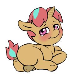 Size: 519x536 | Tagged: explicit, artist:multiverseequine, oc, oc:melon pouf, balls, blushing, butt, chubby, colored, colt, derpibooru exclusive, foal, foalcon, full body, hooves, horn, imported from derpibooru, looking at you, male, multicolored hair, nudity, oc only, plot, pony, raised tail, short tail, simple background, smiling, smiling at you, solo, solo male, tail, transparent background, two toned mane, underhoof, unicorn, unicorn oc
