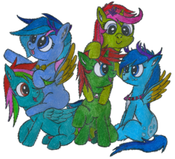 Size: 1460x1329 | Tagged: explicit, artist:vovi, oc, oc:bluelight, oc:isabelle fairy, oc:lucas fairy, oc:plum virgin sentry, oc:void virgin sparkles, :p, balls, brother and sister, casual nudity, colt, deer, deer pony, fawn, female, filly, flower, foal, foalcon, happy, hybrid, imported from derpibooru, male, nudity, oc only, original species, pegadeer, pegasus, penis, peryton, pony, sheath, sheathed, sibling, siblings, sitting, tongue out, traditional art, twins, unicorn
