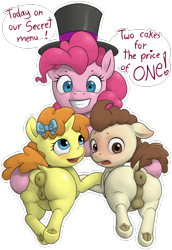Size: 3226x4700 | Tagged: explicit, artist:multiverseequine, pinkie pie, age difference, anatomically correct, anus, balls, bisexual, blue eyes, blushing, bow, brother and sister, brown eyes, butt, cake twins, clitoris, colt, derpibooru exclusive, dialogue, dock, earth pony, female, filly, foal, foalcon, frog (hoof), g4, grin, hair bow, hat, high res, hooves, imported from derpibooru, impossibly large ponut, large ponut, looking at you, male, mare, nudity, pegasus, pink hair, plot, ponut, pony, pound cake, puckered asshole, pumpkin cake, reasonably sized genitals, siblings, simple background, smiling, spread pussy, spreading, sticker, tail, top hat, transparent background, trio, twins, underhoof, unicorn, vagina, vulva, vulvar winking