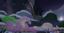 Size: 4096x2160 | Tagged: explicit, grimdark, artist:dtcx97, spike, afterrape, aftersex, anal creampie, bag, book, breath, butt, clothes, creampie, crystal empire, cum, cum pool, dragon, erection, excessive cum, foalcon, forest, g4, genital slit, implied gay, implied rape, imported from derpibooru, lying down, male, night, nudity, outdoors, penis, prone, raised tail, rear view, saddle bag, scarf, snow, solo, solo male, tail, winter