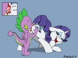 Size: 1615x1202 | Tagged: explicit, artist:strebiskunk, rarity, spike, age difference, alternate version, analingus, analingus on female, anus, ass up, blue background, butt, close-up, dragon, duo, eyes closed, face down ass up, female, fetish, foalcon, g4, imported from derpibooru, interspecies, kiss mark, lipstick, lipstick fetish, lipstick on anus, lipstick on vulva, looking back, looking pleasured, male, male on female analingus, mare, multiple variants, nudity, open mouth, open smile, oral, plot, pony, raised tail, red lipstick, sex, ship:sparity, shipping, simple background, smiling, straight, tail, tongue out, unicorn, vulva, winged spike, wings
