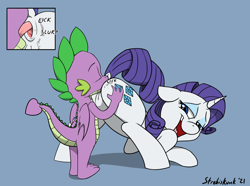 Size: 1615x1202 | Tagged: explicit, artist:strebiskunk, rarity, spike, age difference, alternate version, analingus, analingus on female, anus, ass up, blue background, butt, close-up, dragon, drool, duo, eyes closed, face down ass up, female, foalcon, g4, imported from derpibooru, interspecies, licking, looking back, looking pleasured, male, male on female analingus, mare, multiple variants, nudity, open mouth, open smile, oral, plot, pony, raised tail, sex, ship:sparity, shipping, simple background, smiling, straight, tail, tongue out, unicorn, vulva, winged spike, wings