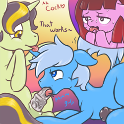 Size: 2048x2048 | Tagged: explicit, artist:multiverseequine, oc, oc:algorithm, oc:cherry bottom, oc:golden trim, blowjob, colored, colt, colt on colt, derpibooru exclusive, dialogue, earth pony, earth pony oc, erection, femboy, foal, foalcon, gay, gradient background, heart, heart eyes, high res, horn, horn licking, hornjob, horsecock, imported from derpibooru, licking, licking cock, male, medial ring, multicolored hair, nudity, oc only, oc x oc, oral, penis, pony, sex, ship:algold trithm, shipping, sweat, tongue out, trio, unicorn, unicorn oc, wingding eyes