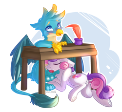 Size: 1930x1774 | Tagged: explicit, artist:yuris, sweetie belle, adult, blowjob, blushing, butt, canine penis, chest fluff, claws, commission, desk, dock, duo, ears back, eyes closed, female, foal, foalcon, frog (hoof), g4, gallus, griffon, imported from derpibooru, inkwell, lying, male, nudity, open mouth, oral, paws, penis, plot, pony, quill, school desk, sex, ship:gallbelle, shipping, simple background, sitting, spread wings, straight, tail, underhoof, unicorn, vulva, white background, wings