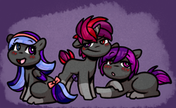 Size: 1803x1110 | Tagged: explicit, artist:faerienougat, oc, oc:angel cakes, oc:armored heart, oc:violet dreams, bow, female, filly, foal, foalcon, futa, futa filly, futa oc, headband, imported from derpibooru, intersex, nightmare, oc only, offspring, parent:oc:faerie nougat, parent:oc:scarlet chain, parent:oc:thistle night, parents:oc x oc, pegasus, pony, product of incest, tail, tail bow, trio, unicorn
