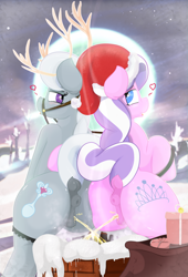 Size: 1465x2160 | Tagged: explicit, artist:not_texmex, diamond tiara, silver spoon, alternate version, anatomically correct, antlers, anus, bag, bridle, butt, chimney, christmas, clitoris, derpibooru exclusive, dock, earth pony, female, fetish, filly, foal, foalcon, full moon, g4, hat, hearth's warming eve, holiday, imported from derpibooru, moon, night, nudity, outdoors, pissing, pissing together, plot, ponut, pony, present, presenting, raised tail, reins, rooftop, santa hat, sitting, smiling, snow, stars, tack, tail, urine, vulva, watersports, winter