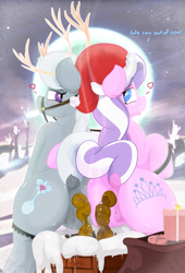 Size: 1465x2160 | Tagged: explicit, grotesque, artist:not_texmex, diamond tiara, silver spoon, alternate version, anatomically correct, antlers, anus, bag, bridle, butt, chimney, christmas, clitoris, derpibooru exclusive, dialogue, dock, earth pony, female, fetish, filly, foal, foalcon, full moon, g4, hat, hearth's warming eve, holiday, imported from derpibooru, moon, night, nudity, outdoors, plot, ponut, pony, poop, pooping, pooping together, present, raised tail, reins, rooftop, santa hat, scat, sitting, smiling, snow, stars, tack, tail, vulva, winter