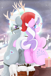 Size: 1465x2160 | Tagged: explicit, artist:not_texmex, diamond tiara, silver spoon, anatomically correct, antlers, anus, bag, bridle, butt, chimney, christmas, clitoris, derpibooru exclusive, dock, earth pony, female, filly, foal, foalcon, full moon, g4, hat, hearth's warming eve, holiday, imported from derpibooru, moon, night, nudity, outdoors, plot, ponut, pony, present, presenting, raised tail, reins, rooftop, santa hat, sitting, smiling, snow, stars, tack, tail, vulva, winter