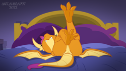 Size: 1280x720 | Tagged: explicit, artist:metalhead97, anus, ass, bed, bedroom, butt, dragon, dragoness, feet, female, foalcon, g4, imported from derpibooru, legs in air, nudity, pillow, presenting, show accurate, show accurate porn, simplistic anus, smiling, smolder, solo, solo female, spread legs, spread wings, spreading, stretching, tail, toes, vulva, wings