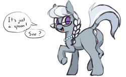 Size: 896x548 | Tagged: questionable, artist:shydale, silver spoon, blank flank, braid, butt, earth pony, female, filly, foal, foalcon, g4, glasses, imported from derpibooru, innocent innuendo, jewelry, looking back, misleading thumbnail, necklace, plot, pony, pun, raised leg, raised tail, silverbutt, speech bubble, spoon, strategically covered, tail, text