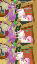 Size: 1920x3240 | Tagged: explicit, artist:papadragon69, spike, sweetie belle, 3d, anus, blowjob, butt, cloaca, comic, dragon, erection, female, foalcon, g4, genital slit, imported from derpibooru, male, nudity, oral, penis, plot, reacting to nudity, sex, ship:spikebelle, shipping, source filmmaker, straight, vulva, weird lizzer hole