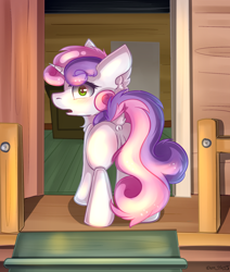 Size: 1460x1721 | Tagged: explicit, artist:yuris, sweetie belle, anus, butt, clubhouse, commission, crusaders clubhouse, dock, female, filly, foal, foalcon, g4, imported from derpibooru, looking at you, looking back, looking back at you, nudity, open mouth, plot, pony, solo, solo female, sweetie butt, tail, treehouse, unicorn, vulva