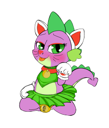 Size: 1517x1779 | Tagged: questionable, artist:kyokimute, spike, animal costume, bedroom eyes, behaving like a cat, blushing, cat costume, cat ears, cat paws, clothes, collar, costume, crossdressing, crotch bulge, dragon, femboy, foalcon, g4, girly, imported from derpibooru, looking at you, male, my hero academia, simple background, skirt, solo, solo male, tongue out, transparent background, whiskers, wild wild pussycats