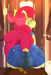 Size: 1474x2160 | Tagged: grotesque, questionable, artist:not_texmex, apple bloom, alternate version, clothes, denim, derpibooru exclusive, dock, earth pony, female, fetish, filly, foal, foalcon, g4, grinding, horse apples, imported from derpibooru, messing, outhouse, overalls, pony, poop, pooping, raised tail, scat, sitting, solo, solo female, tail, toilet, tongue out