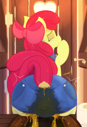 Size: 1474x2160 | Tagged: grotesque, questionable, artist:not_texmex, apple bloom, alternate version, clothes, denim, derpibooru exclusive, diarrhea, dock, earth pony, explosive diarrhea, female, fetish, filly, foal, foalcon, g4, imported from derpibooru, messing, outhouse, overalls, pony, poop, pooping, potty failure, raised tail, scat, sitting, solo, solo female, tail, toilet