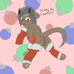 Size: 1500x1500 | Tagged: explicit, artist:ashersketch, oc, oc:asher streak, anus, backsack, balls, blushing, butt, butt blush, christmas, clothes, colt, dialogue, ear blush, eyebrows, eyebrows visible through hair, fangs, feathered wings, floppy ears, foal, foalcon, folded wings, frog (hoof), holiday, horns, hybrid, imported from derpibooru, leg warmers, legwear, looking back, male, nudity, oc only, open mouth, plot, signature, solo, solo male, stockings, taint, thigh highs, underhoof, wings