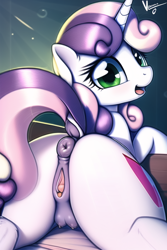 Size: 512x768 | Tagged: explicit, editor:omnixious, sweetie belle, ai content, ai generated, anus, butt, crotchboobs, dark genitals, dock, female, filly, foal, foalcon, g4, generator:novelai, generator:stable diffusion, imported from derpibooru, looking at you, lying down, nipples, nudity, one eye closed, plot, pony, raised tail, solo, solo female, tail, teats, unicorn, vagina, vulva, wink