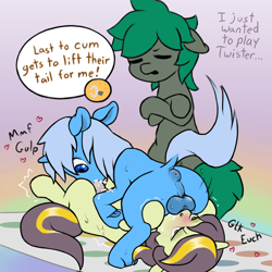 Size: 2048x2048 | Tagged: explicit, artist:multiverseequine, oc, oc:algorithm, oc:flint spark, oc:golden trim, oc:minus, 69 position, anus, balls, balls on face, blowjob, blushing, butt, colored, colt, colt on colt, crossed arms, cum, cum in mouth, derpibooru exclusive, dialogue, earth pony, foal, foalcon, gay, gradient background, group, group sex, high res, imported from derpibooru, lying down, male, nudity, oc only, oc x oc, offscreen character, on back, onomatopoeia, oral, orgasm, penis, plot, pony, sex, ship:algold trithm, shipping, speech bubble, twister, unicorn