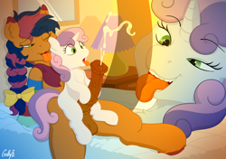 Size: 6550x4600 | Tagged: explicit, artist:golly, sweetie belle, oc, oc:solar comet, bedroom, bedroom eyes, blowjob, bow, braid, commission, crossdressing, cum, cumming, disguised changedling, eyelashes, female, female on male, filly, foal, foalcon, foaldom, g4, hair bow, imported from derpibooru, licking, male, nudity, oral, pegasus, pegasus oc, penis, pony, sex, straight, sucking, tongue out, trap, unicorn