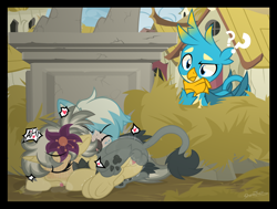 Size: 2000x1513 | Tagged: explicit, artist:sherathoz, oc, oc:mercury shine, ahegao, anus, balls, blushing, butt, commission, eyes closed, female, filly, foal, foalcon, g4, gallus, griffon, griffon oc, griffonstone, heart, imported from derpibooru, male, nudity, oc x oc, open mouth, outdoor sex, outdoors, paw pads, penetration, penis, plot, pony, question mark, sex, shipping, straight, tongue out, unicorn, vaginal, vulva