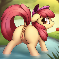Size: 2560x2560 | Tagged: explicit, apple bloom, ai composition, ai content, anatomically correct, anus, apple, bloom butt, butt, clitoris, dock, earth pony, female, filly, foal, foalcon, food, g4, generator:novelai, generator:stable diffusion, high res, imported from derpibooru, looking at you, looking back, looking back at you, nudity, plot, pony, presenting, smiling, solo, solo female, tail, vulva, vulvar winking