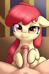 Size: 2048x3072 | Tagged: explicit, apple bloom, ai composition, ai content, belly button, duo, ear fluff, earth pony, female, filly, foal, foalcon, g4, generator:novelai, generator:stable diffusion, high res, hoofjob, human, human male, human male on filly, human on pony action, i can't believe it's not tjpones, imported from derpibooru, interspecies, long mane, looking at you, male, male pov, missing accessory, nudity, offscreen character, offscreen male, penis, pony, pov, straight