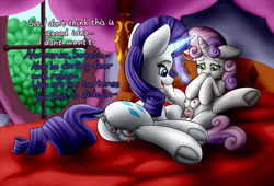 Size: 4500x3065 | Tagged: explicit, grimdark, artist:firestarsartdump, rarity, sweetie belle, anus, bed, butt, crotchboobs, crying, dialogue, dildo, doubleheaded dildo, duo, female, foalcon, g4, imported from derpibooru, incest, lesbian, lying down, lying on bed, magic, magical spreading, nipples, nudity, on back, on bed, open mouth, plot, pony, rape, raricest, sex, sex toy, siblings, sisters, spread legs, spreading, teary eyes, text, unicorn, vagina, vulva, window