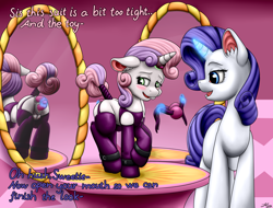 Size: 5000x3800 | Tagged: explicit, artist:firestarsartdump, rarity, sweetie belle, alternate version, anal insertion, anus, ballgag, bdsm, belle sisters, blushing, butt, clothes, crotchboobs, cuffs, dialogue, dildo, double insertion, duo, female, filly, foal, foalcon, g4, gag, garter belt, horn, horn ring, imported from derpibooru, incest, insertion, legwear, lesbian, levitation, magic, magic suppression, mare, mirror, nipples, nudity, open mouth, plot, pony, raricest, reflection, ring, sex, sex toy, ship:raribelle, shipping, siblings, sisters, socks, tail, tail wrap, telekinesis, text, thigh highs, unicorn, vagina, vaginal insertion, vulva