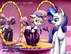Size: 5000x3800 | Tagged: explicit, artist:firestarsartdump, rarity, sweetie belle, anal insertion, anus, ballgag, bdsm, belle sisters, butt, clothes, crotchboobs, crying, cuffs, dialogue, dildo, double insertion, duo, female, filly, foal, foalcon, g4, gag, garter belt, horn, horn ring, imported from derpibooru, incest, insertion, legwear, lesbian, lip bite, magic suppression, mare, mirror, nipples, nudity, open mouth, plot, pony, raricest, reflection, ring, sex, sex toy, ship:raribelle, shipping, siblings, sisters, socks, tail, tail wrap, text, thigh highs, unicorn, vagina, vaginal insertion, vulva