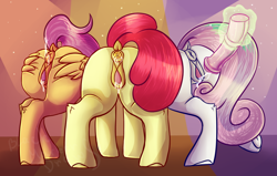 Size: 1364x868 | Tagged: explicit, artist:blackmarkerdraws, apple bloom, scootaloo, sweetie belle, anus, booty mark crusaders, butt, butt only, buttplug, cum, cutie mark crusaders, dildo, dock, earth pony, female, filly, foal, foalcon, g4, imported from derpibooru, jeweled buttplug, line-up, magic, nudity, older, older apple bloom, older scootaloo, older sweetie belle, pegasus, plot, plotline, pony, presenting, sex toy, spread butt, tail, telekinesis, trio, trio female, unicorn, vulva, watermark, wing hands, wings