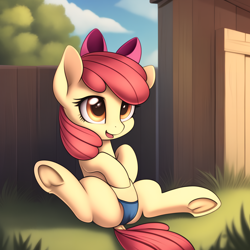 Size: 2048x2048 | Tagged: suggestive, apple bloom, ai composition, ai content, alternate version, cameltoe, clothes, dock, earth pony, female, filly, foal, foalcon, frog (hoof), g4, generator:novelai, generator:stable diffusion, high res, imported from derpibooru, open mouth, panties, pony, solo, spread legs, spreading, tail, underhoof, underwear