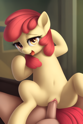 Size: 1945x2918 | Tagged: explicit, apple bloom, ai composition, ai content, bedroom eyes, belly button, butt, clitoris, cowgirl position, earth pony, female, female on top, filly, foal, foalcon, g4, generator:novelai, generator:stable diffusion, human, human male, human male on filly, human on pony action, human vulva on pony, imported from derpibooru, interspecies, looking at you, male, mare, mare on top, missing accessory, nudity, offscreen character, open mouth, penetration, plot, pony, pov, sex, straight, vaginal, vulva