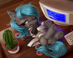 Size: 1364x1080 | Tagged: explicit, artist:darkstylerz, oc, oc:midnight bloom, butt, cactus, clothes, commission, creative soundblaster, crt, desk, female, filly, foal, foalcon, frog (hoof), hooves, imported from derpibooru, lying down, maid, nudity, oc only, on back, pegasus, phallic symbol, plot, pony, solo, solo female, underhoof, vulva, ych result