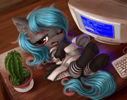 Size: 1364x1080 | Tagged: explicit, artist:darkstylerz, oc, oc:midnight bloom, butt, cactus, clothes, commission, crt, desk, female, filly, foal, foalcon, frog (hoof), hooves, imported from derpibooru, lying down, maid, nudity, oc only, on back, pegasus, phallic symbol, plot, pony, socks, solo, solo female, striped socks, underhoof, underwear, vulva, ych result