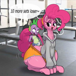 Size: 746x748 | Tagged: explicit, artist:parumpi, pinkie pie, spike, ahegao, balloonbutt, briefs, butt, buttcrack, clothes, crying, cum, cumming, degradation, dragon, earth pony, erection, female, femdom, foalcon, g4, gym, huge butt, humiliation, humping, imported from derpibooru, insult, large butt, male, mare, nudity, open mouth, open smile, plot, plotcrack, pony, premature ejaculation, sexual harassment, smiling, teasing, tenting, tighty whities, tongue out, underwear