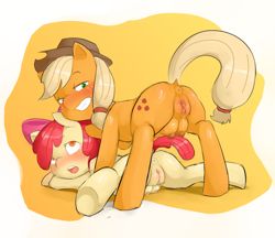 Size: 1508x1302 | Tagged: explicit, artist:maximumpingas, apple bloom, applejack, abstract background, anus, apple sisters, applebutt, applecest, bloom butt, blushing, butt, crotchboobs, dock, duo, earth pony, female, filly, foal, foalcon, g4, grin, hat, imported from derpibooru, incest, mare, nipples, nudity, plot, pony, presenting, siblings, sisters, smiling, spread legs, spreading, tail, underhoof, vulva