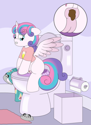 Size: 4000x5500 | Tagged: explicit, grotesque, artist:pvryohei, princess flurry heart, alicorn, anus, bathroom, butt, clothes, commission, female, fetish, foal, foalcon, g4, imported from derpibooru, nudity, pants, plot, pony, poop, pooping, scat, shirt, sitting, sitting on toilet, slippers, solo, solo female, toilet, turtleheading, vagina