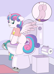 Size: 4000x5500 | Tagged: explicit, artist:pvryohei, princess flurry heart, alicorn, alternate version, anus, bathroom, butt, clothes, commission, female, fetish, foal, foalcon, g4, imported from derpibooru, nudity, pants, pissing, plot, pony, shirt, sitting, sitting on toilet, slippers, solo, solo female, toilet, urine, vagina, watersports