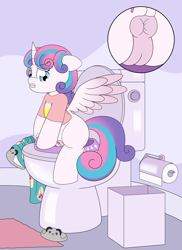 Size: 4000x5500 | Tagged: explicit, artist:pvryohei, princess flurry heart, alicorn, anus, bathroom, butt, clothes, commission, female, foal, foalcon, g4, imported from derpibooru, nudity, pants, plot, pony, shirt, sitting, sitting on toilet, slippers, solo, solo female, toilet, vagina, vulva