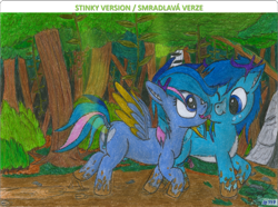 Size: 2011x1497 | Tagged: explicit, artist:vovi, oc, oc:isabelle fairy, oc:lucas fairy, alternate version, antlers, anus, brother and sister, butt, casual nudity, colt, crotchboobs, deer, deer pony, dirty anus, dock, face licking, fawn, female, filly, foal, foalcon, forest, hybrid, imported from derpibooru, licking, male, mud, muddy, muddy hooves, nipples, nudity, oc only, older, original species, pegadeer, pegasus, penis, peryton, plot, ponut, pony, siblings, smelly, tail, teats, traditional art, twins, vulva, walking